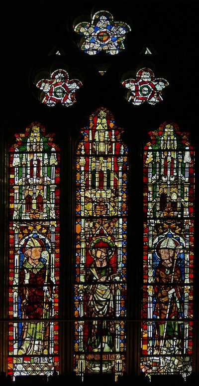 Window 3 depicting St Brice, St Ambrose and St Wulstan(?) by English School