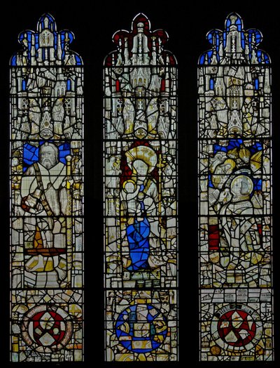 Window S6 depicting St James, the Virgin and Child, the Mass of St Gregory by English School