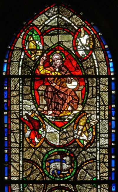 Window depicting Christ in Majesty surrounded by Evangelist symbols by English School
