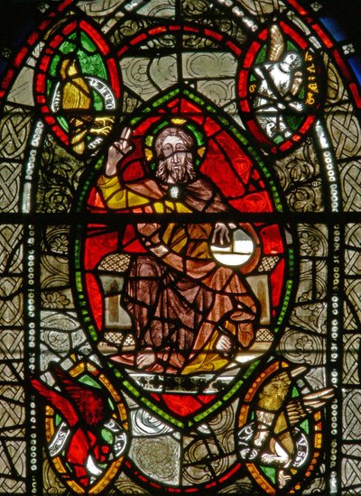 Window depicting Christ in Majesty surrounded by Evangelist symbols by English School