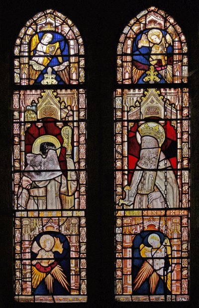 Window Ww depicting four angels, a bishop and a king by English School