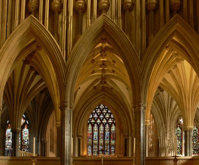 Window depicting a view of the choir and retrochoir by English School