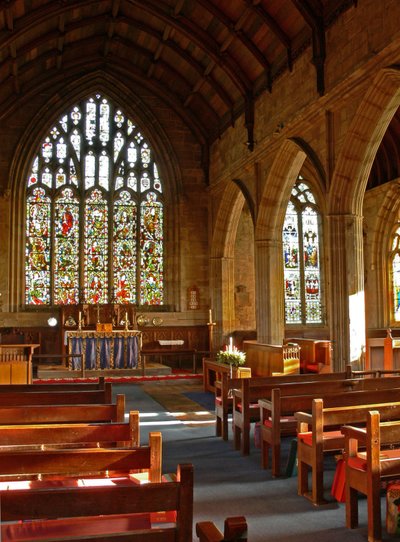 Window depicting a view of the east end of the church by English School