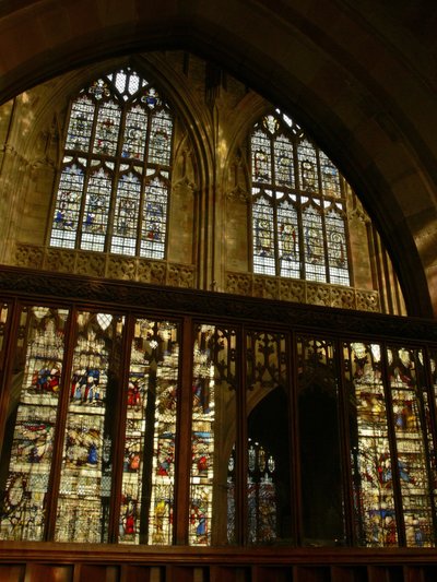 View of the North Clerestory Windows with the South Choir Windows Reflected in the Internal Screen by English School