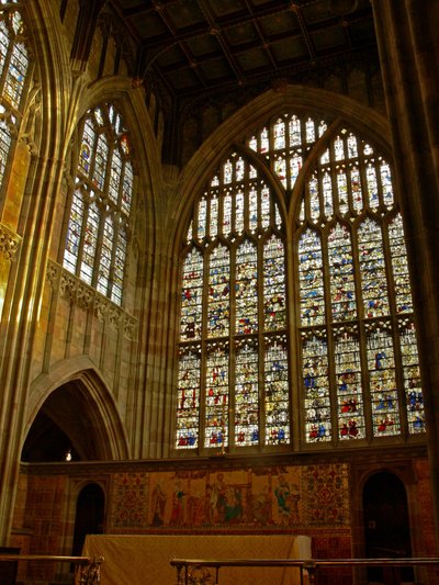 Window depicting a view of the north side of the church at the east end by English School