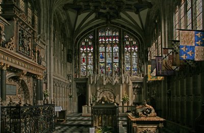Window depicting the east window of the Beauchamp Chapel by English School