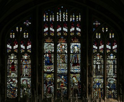 Window depicting the east window of the Beauchamp Chapel; it was vandalised by the Puritans in 1643, but has been very skillfully restored, with certain figures being reconstituted from fragments by English School