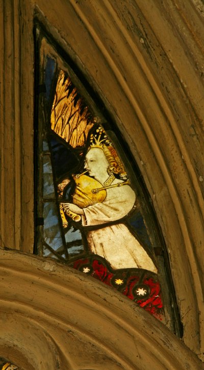 Window depicting a musician angel with bagpipes by English School