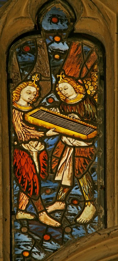 Window depicting musician angels with a clavichord by English School