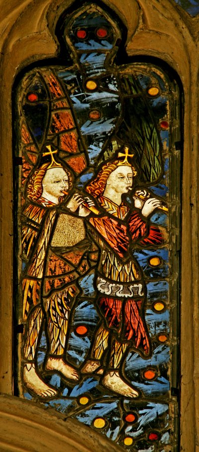 Window depicting musician angels with pipes by English School