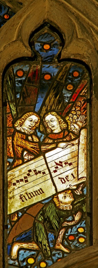 Window depicting the angelic choir with musical score by English School