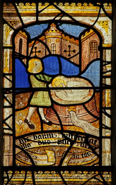 Window 5 depicting St Neot - the fish are returned to the well by English School