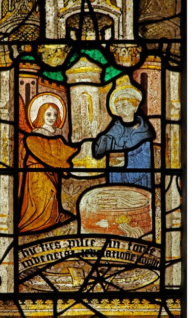 Window 5 depicting St Neot is told about the fish in the well by an angel by English School