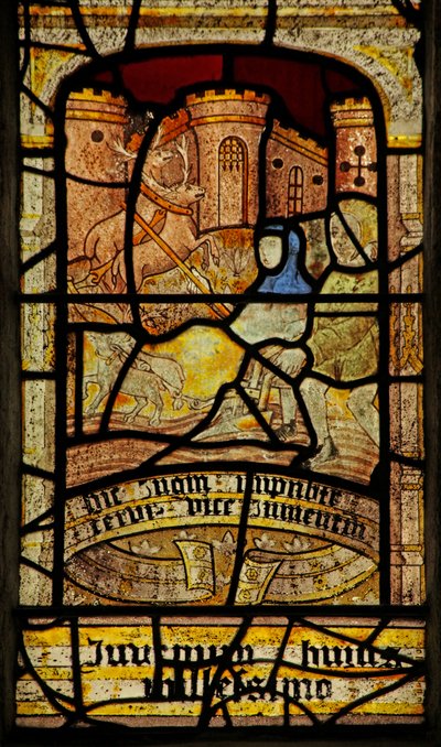 Window 5 depicting St Neot ploughing with the help of stags by English School