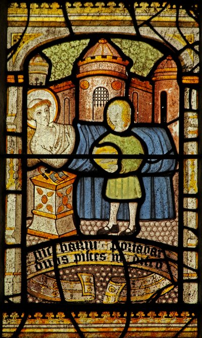 Window 5 depicting St Neot receives the two fish by English School