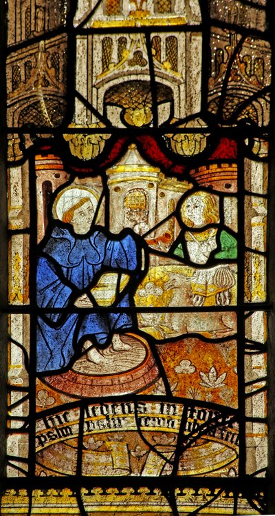 Window 5 depicting St Neot studies the psalter - feet in water by English School