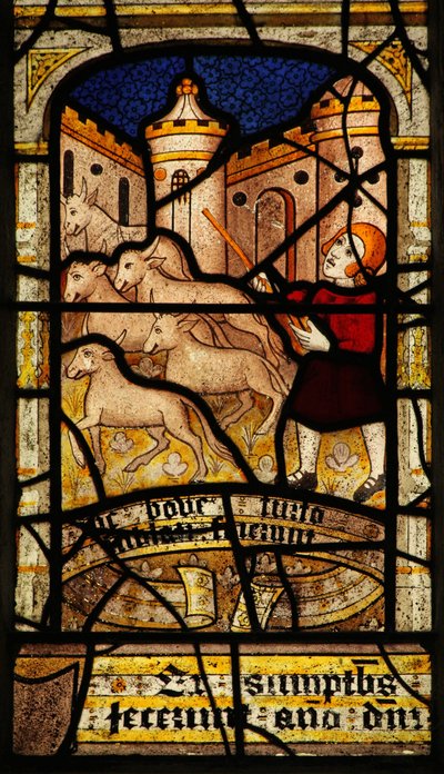 Window 5 depicting St Neots oxen are stolen by English School