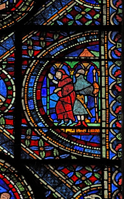 Window 7 depicting a scene from the life of St Thomas Becket: an armed knight and a monk by English School