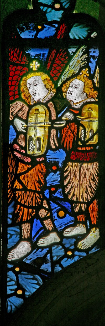 Window depicting musician angels with a crwth (Welsh fiddle) by English School