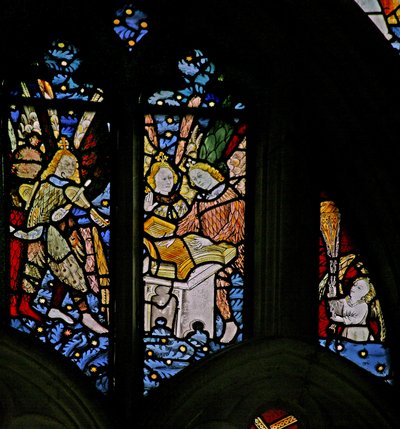 Window depicting musician angels with a psaltery and rebec; also a censing angel by English School