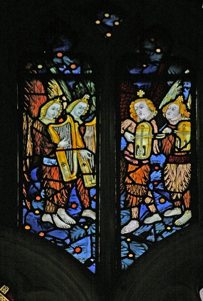 Window depicting musician angels with harps and crwth (Welsh fiddle) by English School