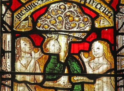 Window 1 depicting the Adam and Eve story: the Serpent beguiles by English School