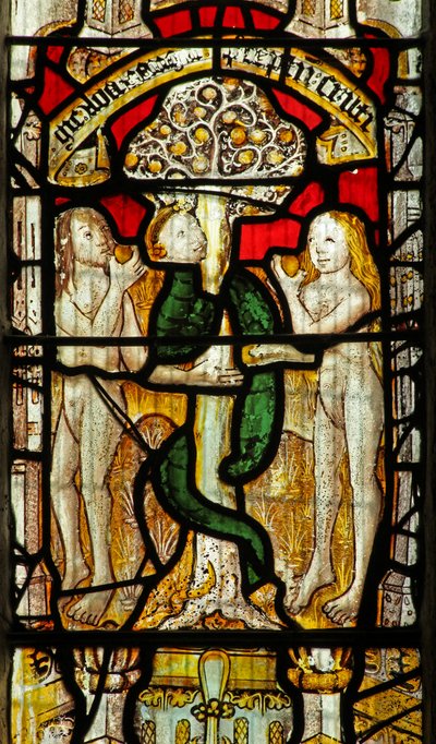 Window 1 depicting the Adam and Eve story: the Serpent beguiles by English School