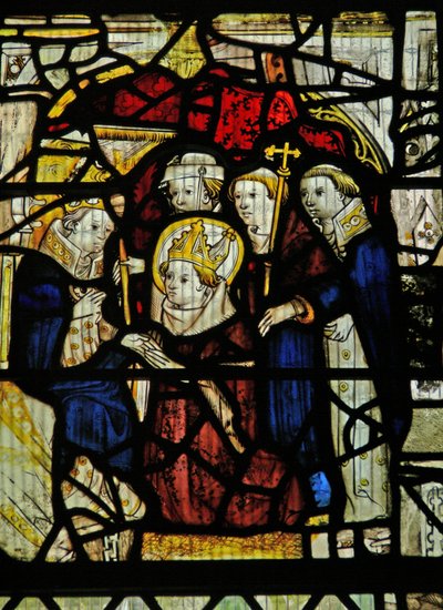Window depicting a bishop kneeling before a king by English School