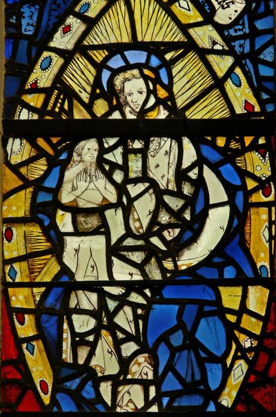 Window depicting the Woman Clothed with the Sun and with the moon under her feet with the Man-child in the Book of Revelation; with jewels of inset glass by English School