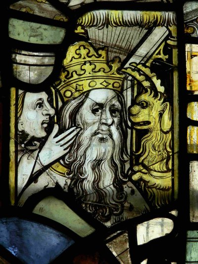 Window S3 depicting a pope receiving counsel from a woman egged-on by a demon by English School