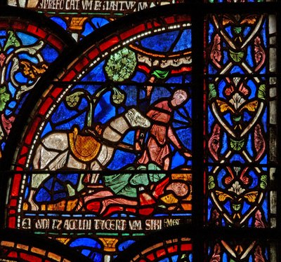 Window 7 depicting a scene from a St Thomas Becket Miracle window: William of Gloucester is buried but his voice is heard by English School