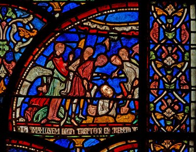 Window 7 depicting a scene from a St Thomas Becket Miracle window: William of Gloucester buried and uncovered by English School