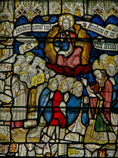 Window w25 depicting the Te Deum: the clergy by English School
