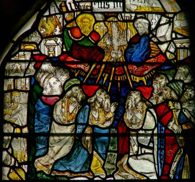 Window w25 depicting the Trinity and Pentecost by English School
