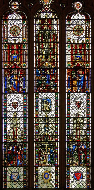 Window w31 depicting a composite window with St Edmund, St William, St George, Annunciation, Adoration of the Magi by English School