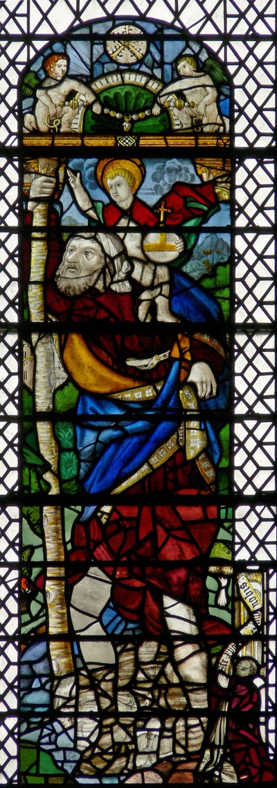 Window w36 depicting St Christopher - a hybrid figure of French C16 and English C15 glass assembled in 1956 by English School