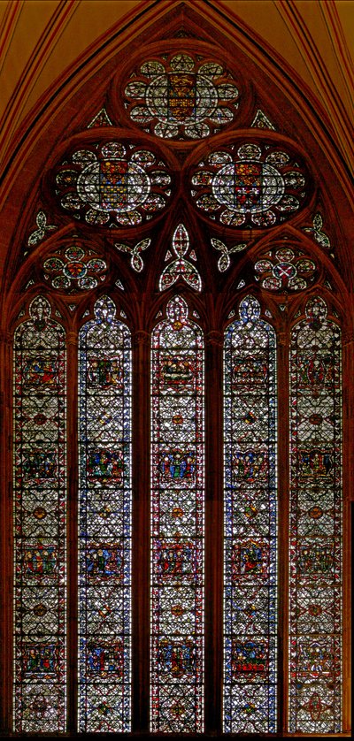 Window depicting the Chapter House east window: Childhood of Christ: Death of the Virgin by English School