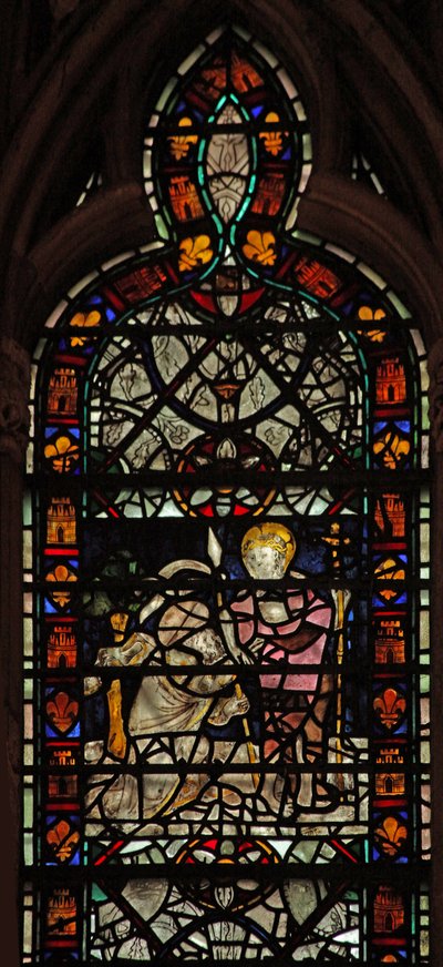 Window W58 depicting the doubting St Thomas; grisaille and border by English School