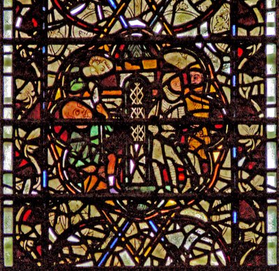 Window W60 depicting St Paul is lowered in a basket by English School