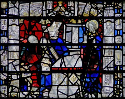 Window depicting a scene from the life of St Nicholas; border with figures by English School