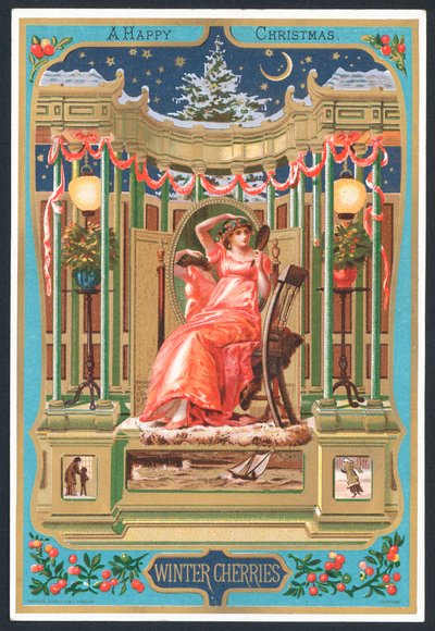 Winter Cherries - Victorian Christmas card by English School