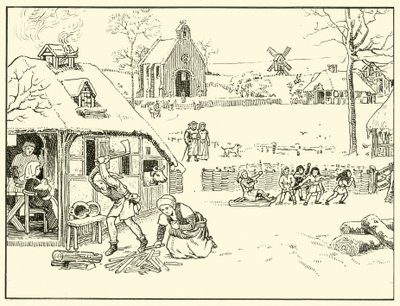 Winter Scene in a Village. 14th Century by English School