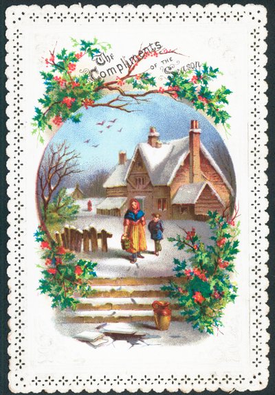 Woman and Boy Walking in the Snow by English School