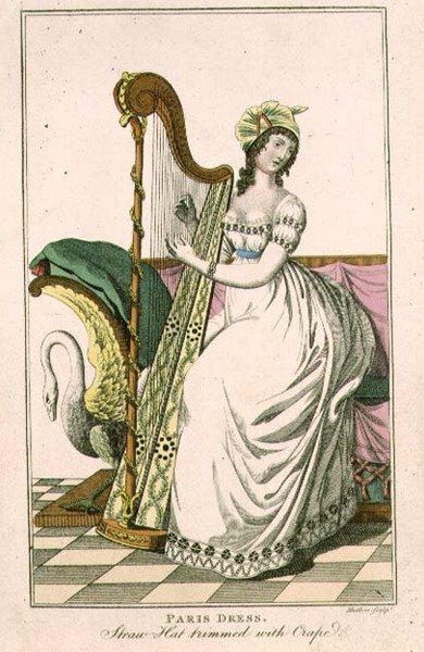 Woman in a Paris Dress and a Straw Hat Trimmed with Crepe Playing the Harp, illustration from the 