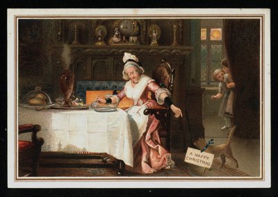 Woman taking tea with her cat, Christmas greetings card by English School