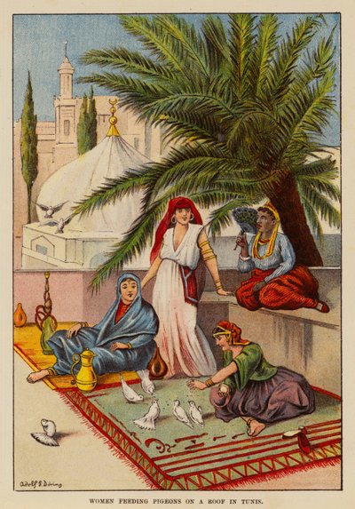Women feeding pigeons on a roof in Tunis by English School