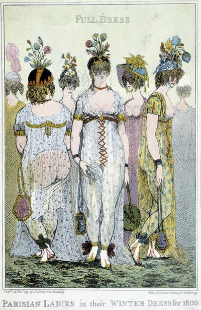 Wonderful: Parisian women in their winter dresses for 1800, English cartoon by English School