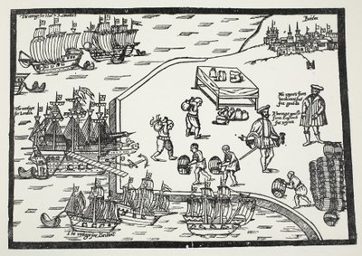 Woodcut illustrating the wine trade between Bordeaux and England by English School