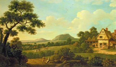 Wooded Landscape with Figures by a Roadside by English School