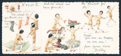 Wooden Dolls Knitting, Playing and Dancing by English School